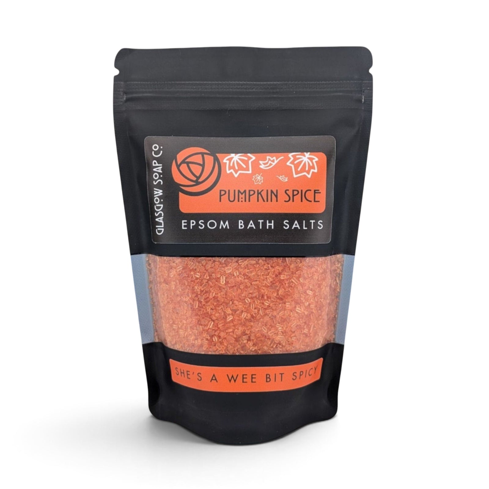 Glasgow Soap Company Ltd pumpkin spice Epsom bath salts in a black recyclable sachet with orange spice-scented grains.