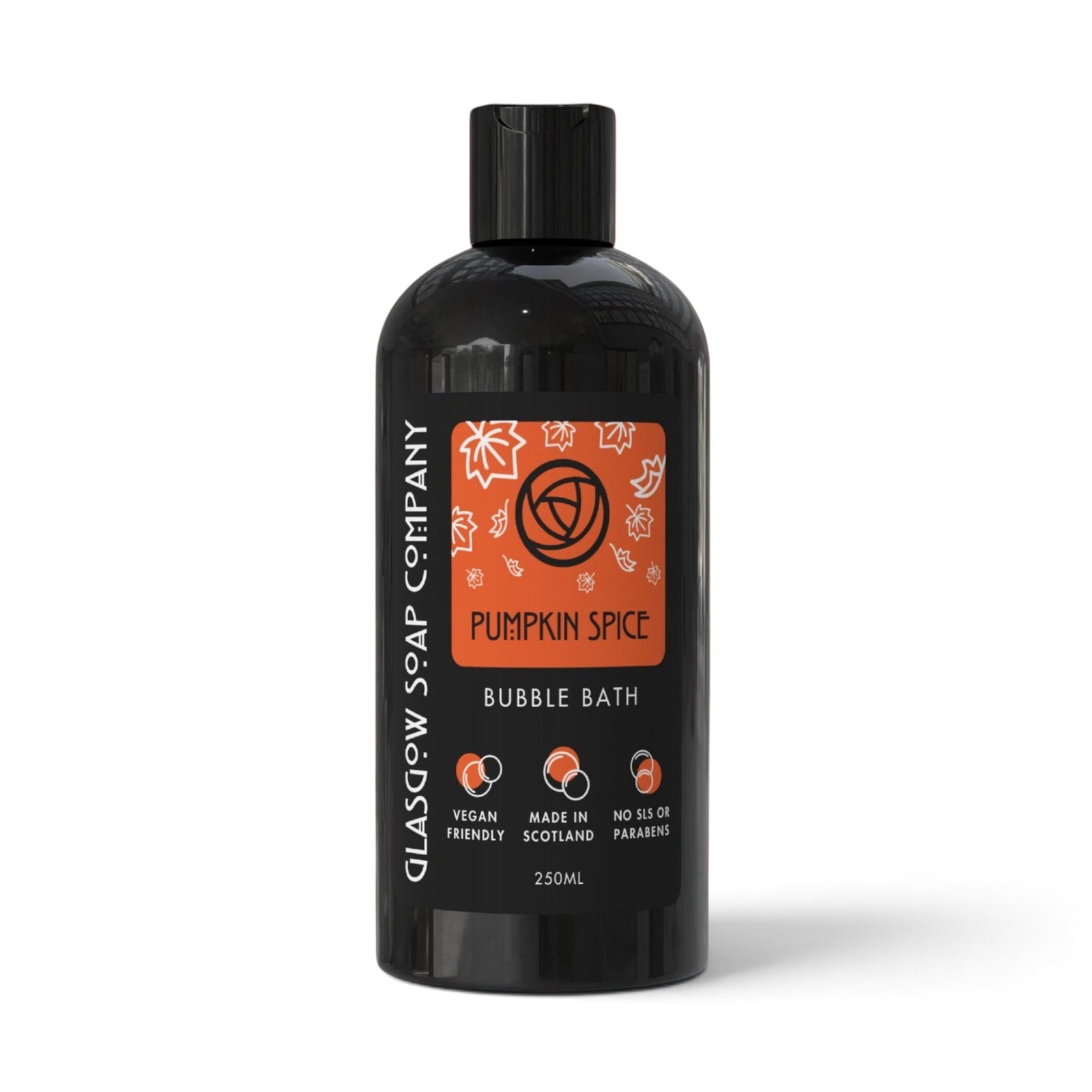 Glasgow Soap Company Ltd Pumpkin Spice bubble bath in a 250ml black recyclable bottle with orange autumn leaf label.