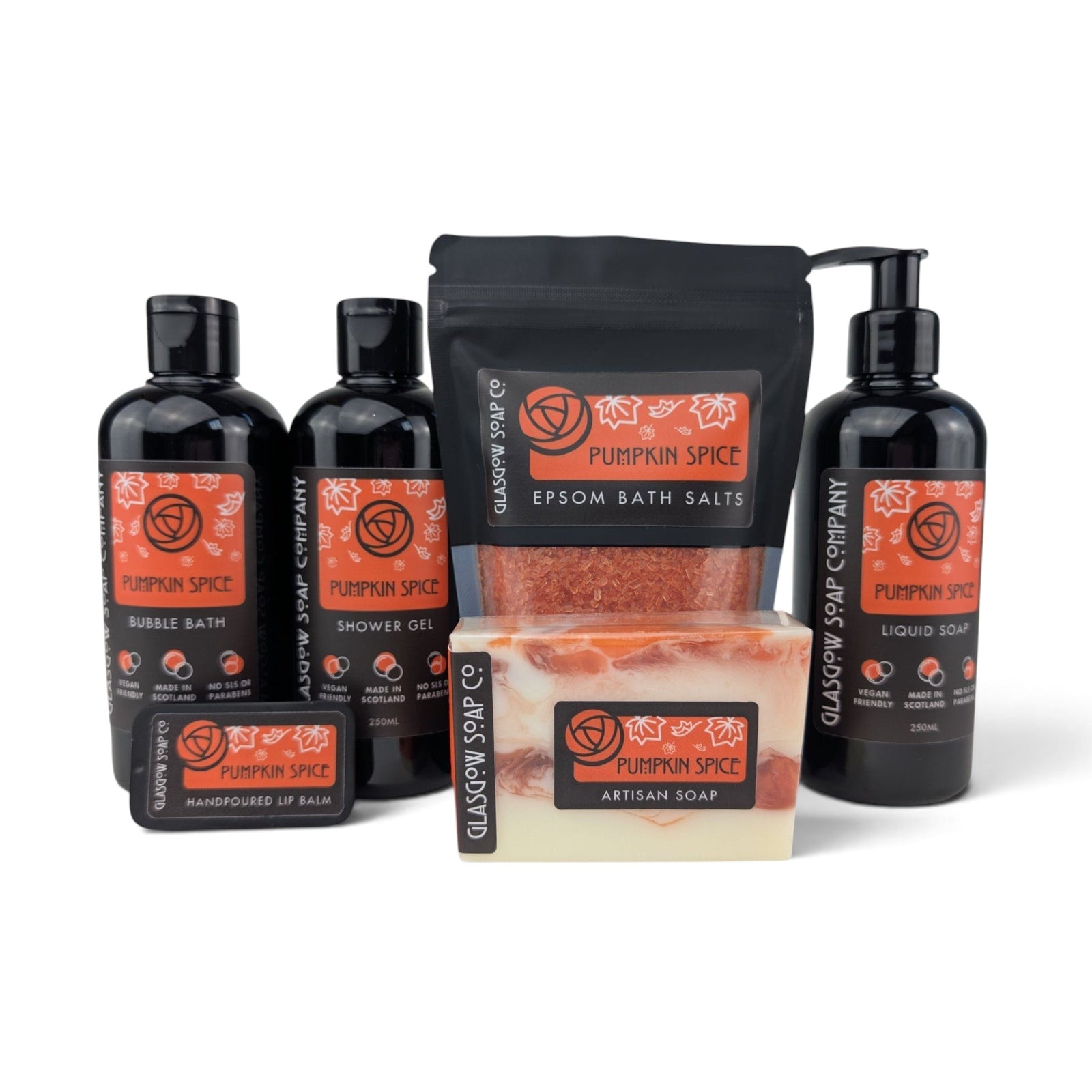 Glasgow Soap Company Ltd Pumpkin Spice collection including liquid soap, bubble bath, shower gel, bath salts, and soap