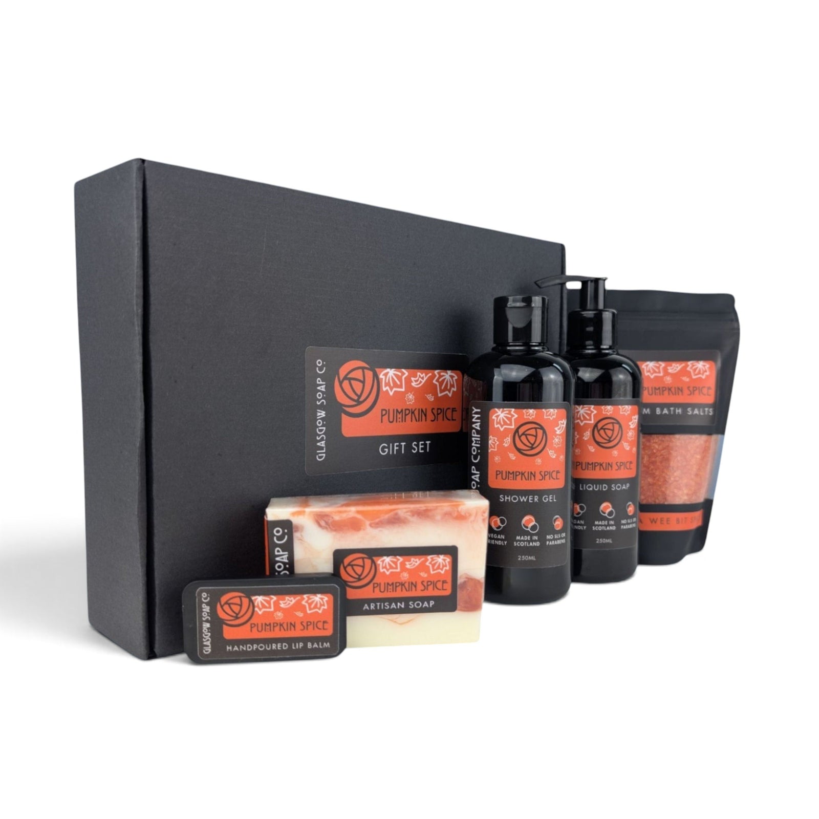 Glasgow Soap Company Ltd Pumpkin Spice gift set featuring shower gel, liquid soap, bath salts, artisan soap, and balm.