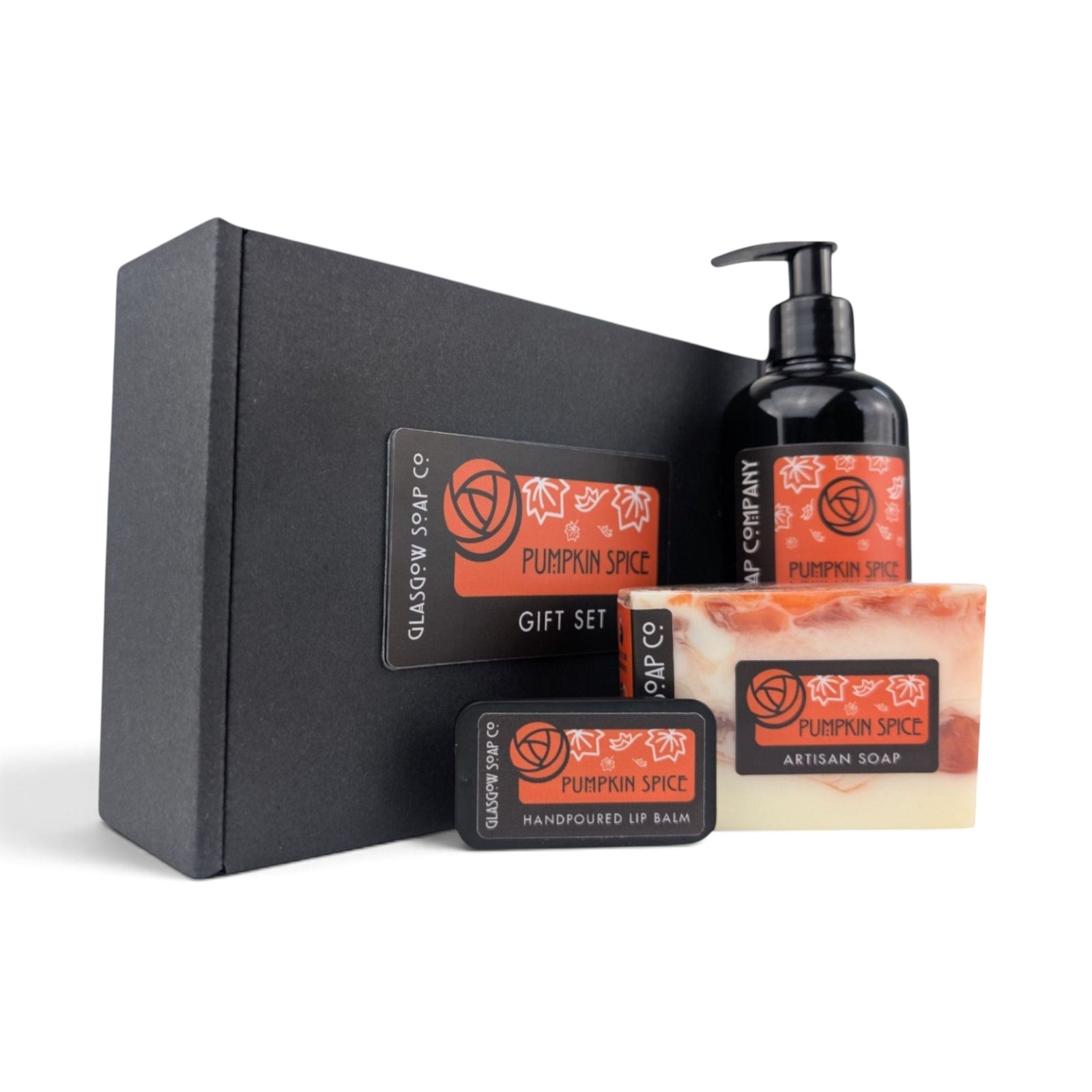 Glasgow Soap Company Ltd Pumpkin Spice gift set featuring liquid soap, artisan soap bar, and lip balm in a black box.