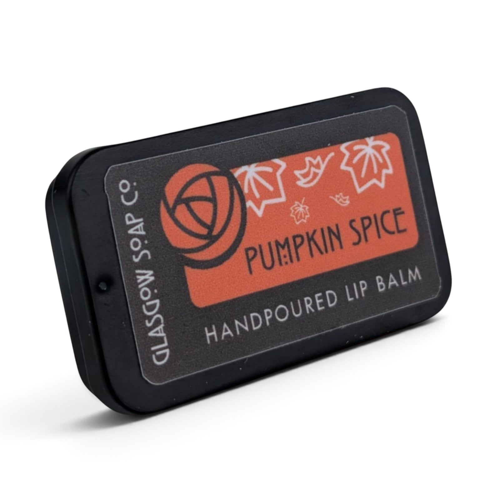 Glasgow Soap Company Ltd Pumpkin Spice lip balm in a black sliding tin with autumn leaf design on the label
