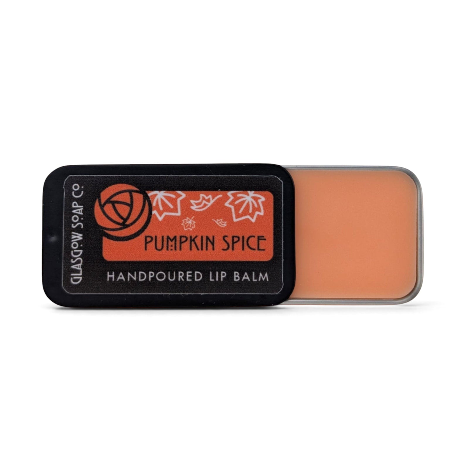 Glasgow Soap Company Ltd Pumpkin Spice lip balm in a sliding metal tin with orange balm and autumn leaf label design