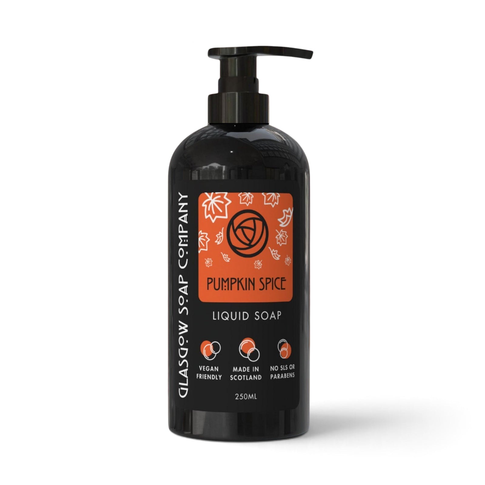 Glasgow Soap Company Ltd Pumpkin Spice liquid soap in a sleek black 250ml pump bottle with an orange autumn label.