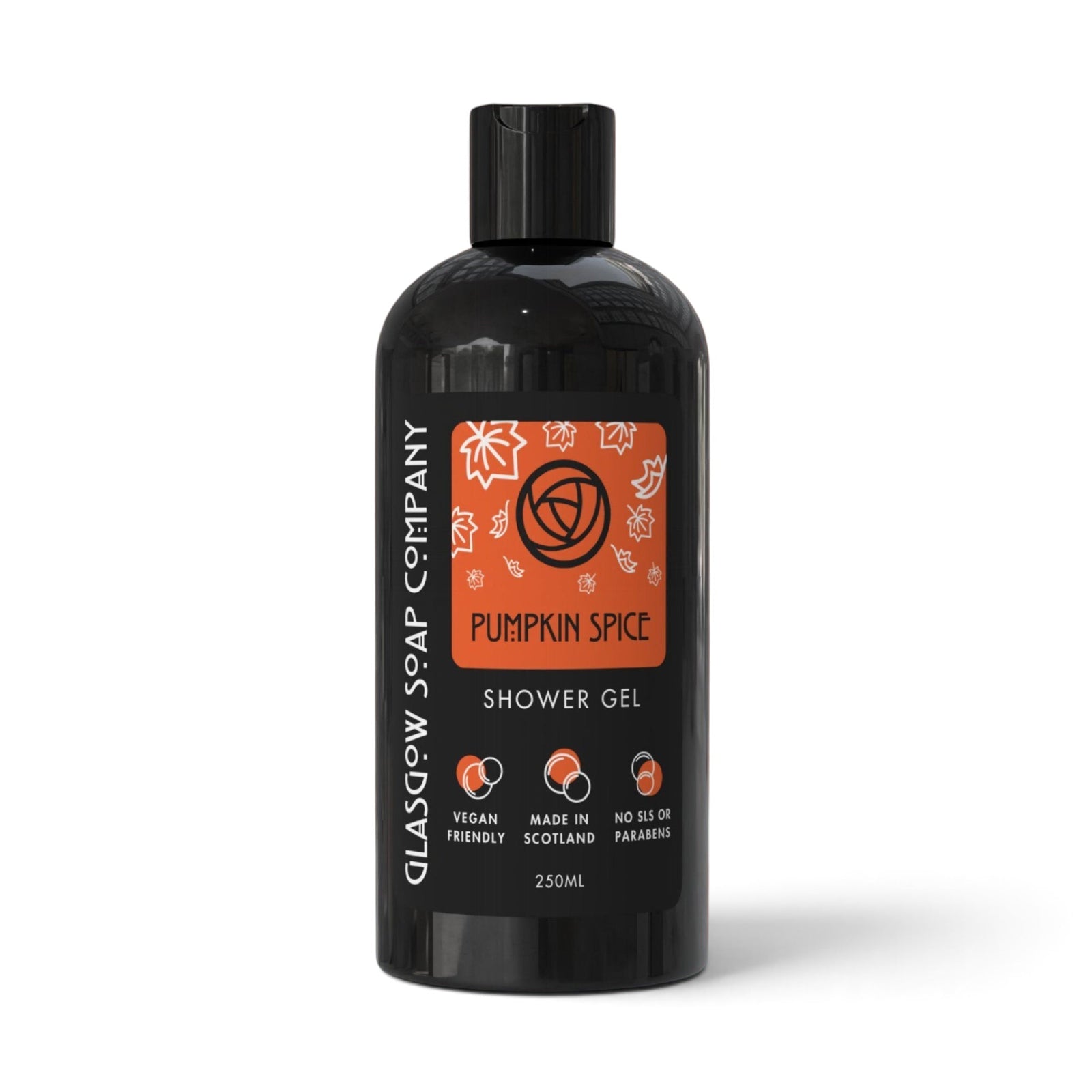 Glasgow Soap Company Ltd Pumpkin Spice shower gel in a sleek 250ml black bottle with orange autumn leaf label design.