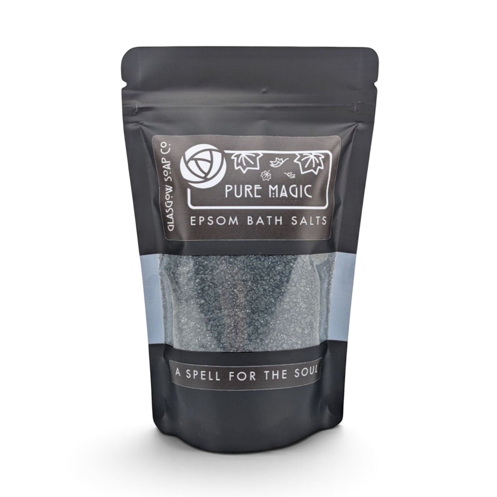 Glasgow Soap Company Ltd Pure Magic dark shimmering Epsom bath salts in a recyclable black sachet.