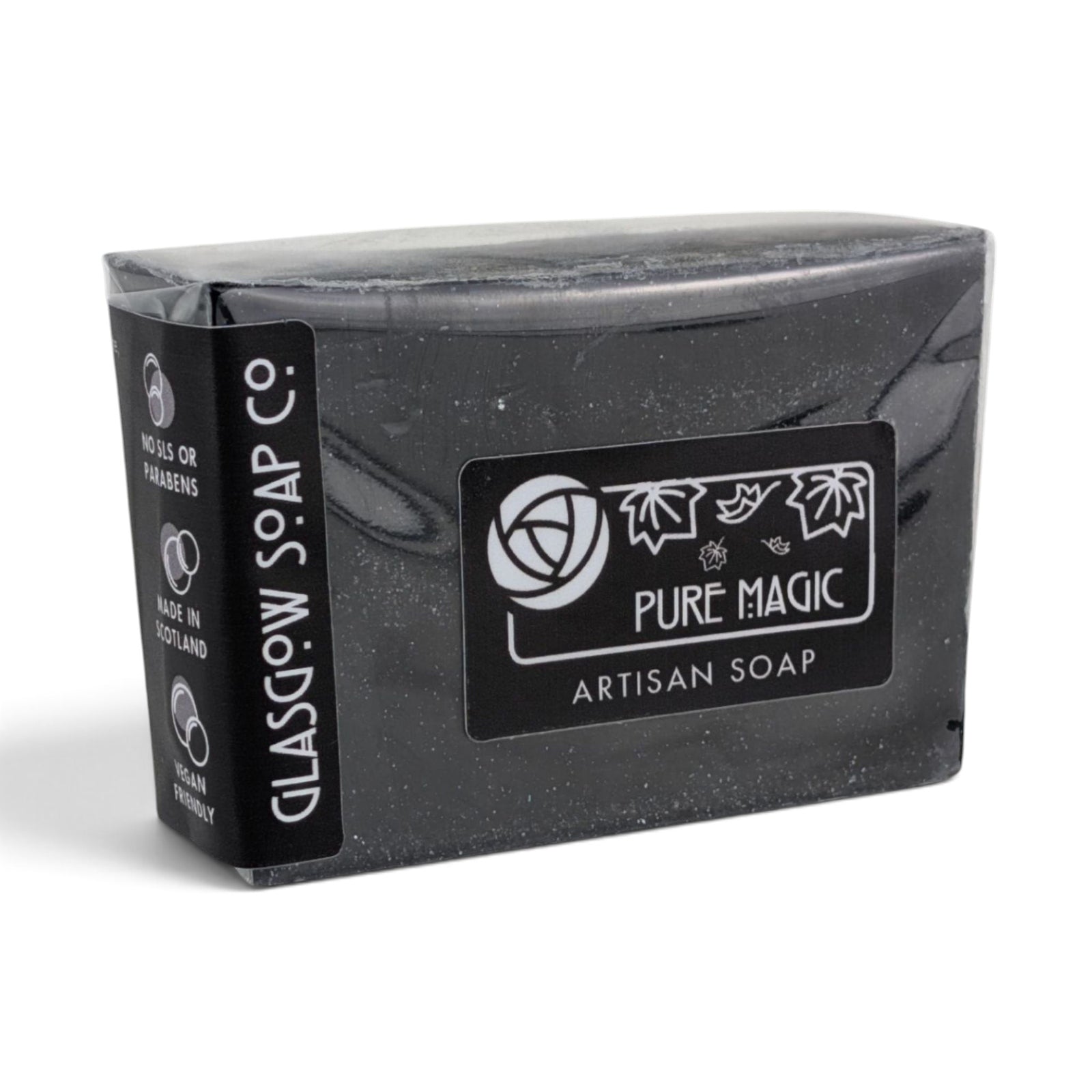 Glasgow Soap Company Ltd Pure Magic black artisan soap bar with subtle shimmer and nag champa fragrance