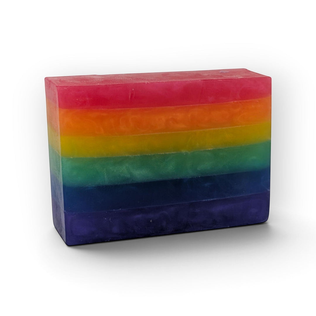 Glasgow Soap Company Ltd rainbow striped Gay Bar Soap with fruity bubblegum scent and vegetable glycerine base