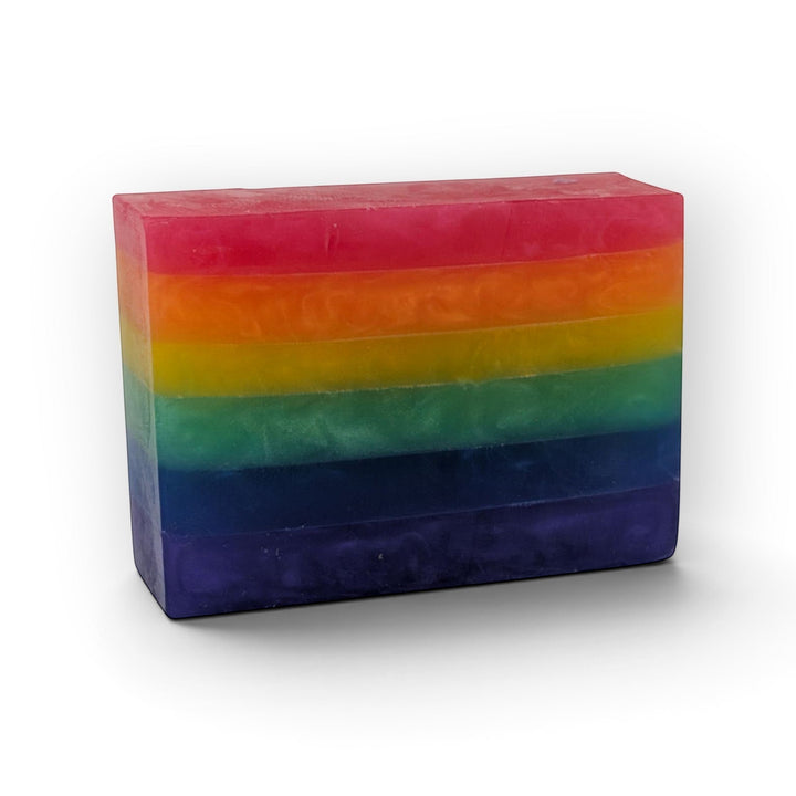 Glasgow Soap Company Ltd rainbow striped Gay Bar Soap with fruity bubblegum scent and vegetable glycerine base