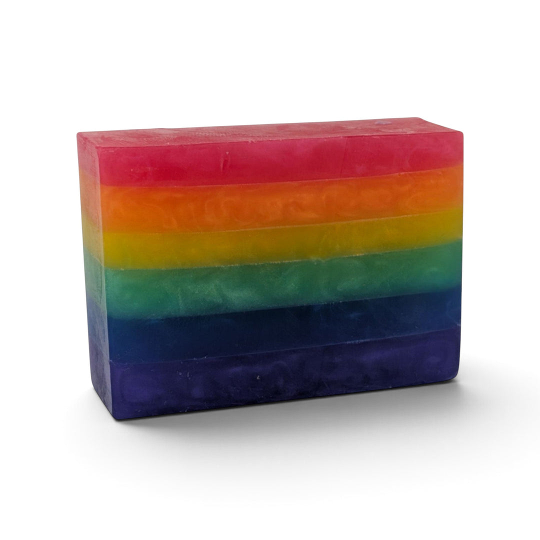 Glasgow Soap Company Ltd rainbow layered vegetable glycerine soap bar with a sweet bubblegum scent.