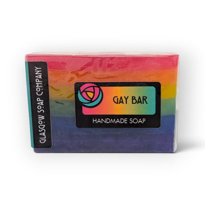 Glasgow Soap Company Ltd rainbow striped handmade vegetable glycerine soap bar with fruity bubblegum scent