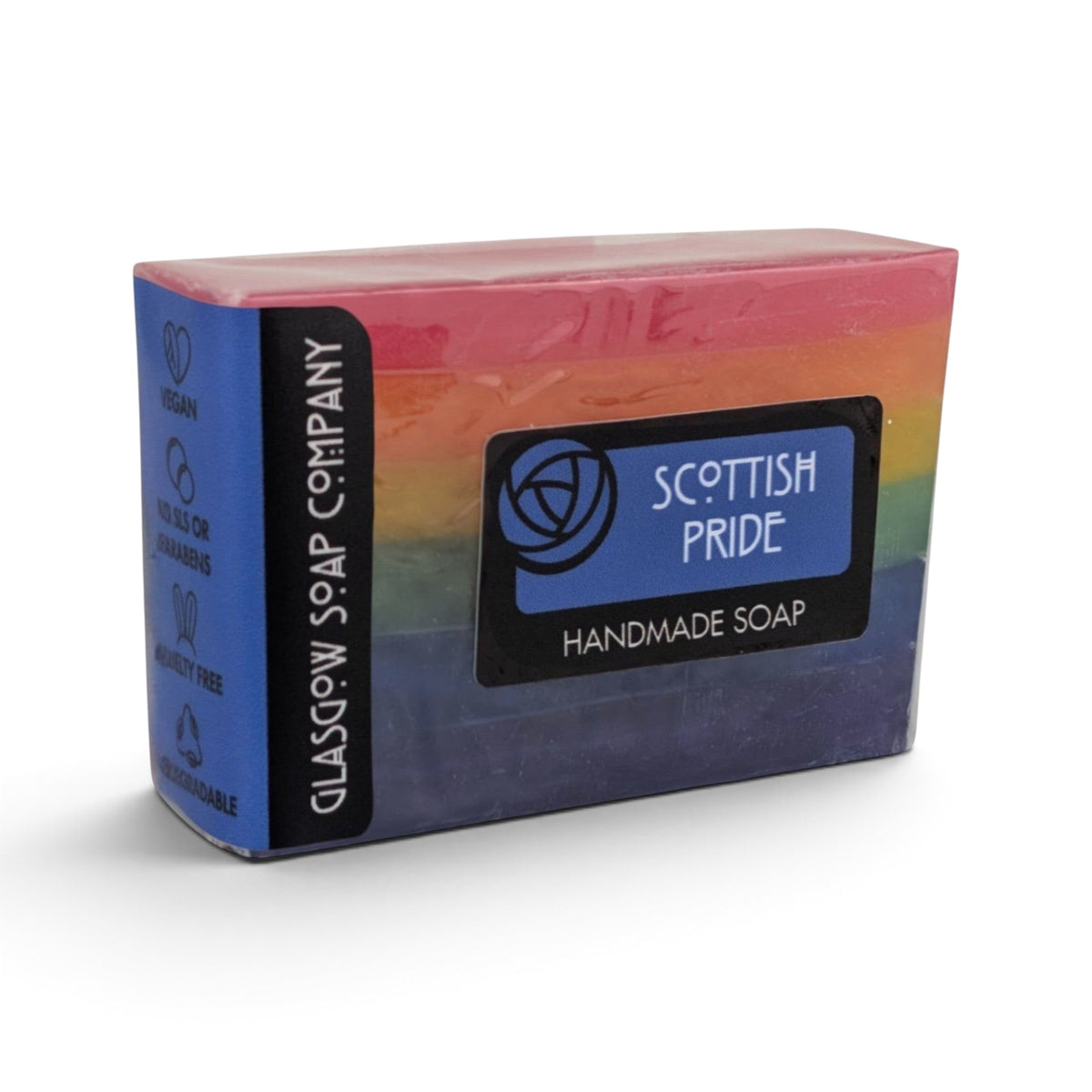 Glasgow Soap Company Ltd Scottish Pride rainbow layered handmade soap bar with bubblegum scent in biodegradable wrap