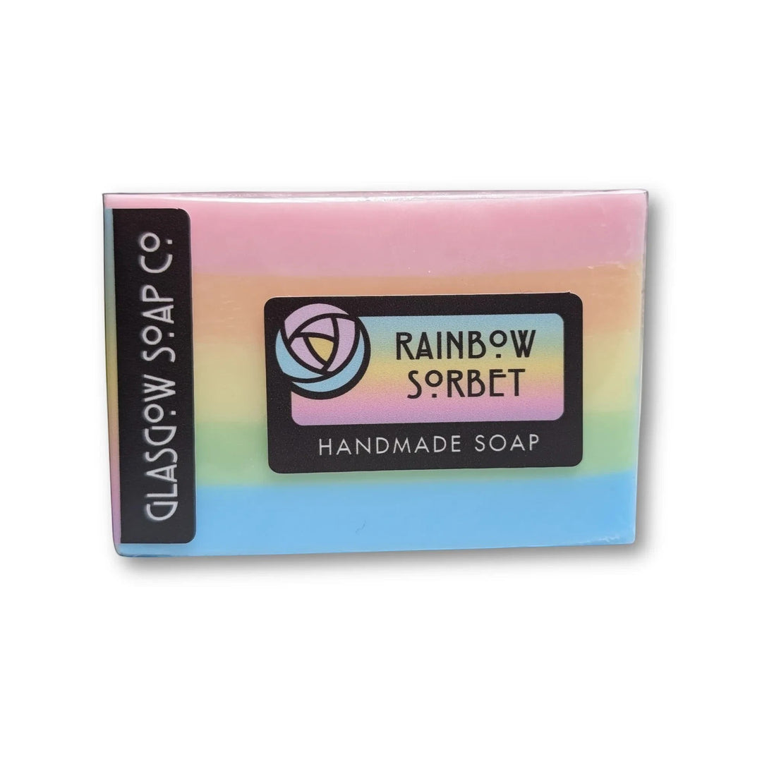 Glasgow Soap Company Ltd Rainbow Sorbet handmade soap bar with pastel rainbow layers and tropical fruit scent.