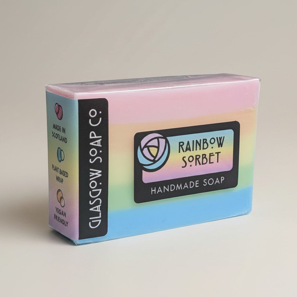 Glasgow Soap Company Ltd Rainbow Sorbet handmade soap bar with pastel rainbow layers and tropical fruit scent.