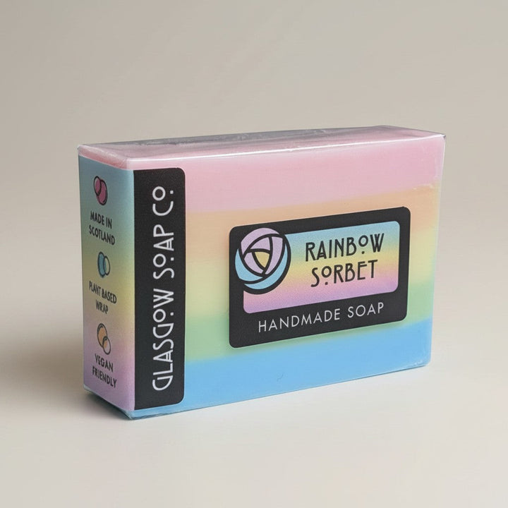 Glasgow Soap Company Ltd Rainbow Sorbet handmade soap bar with pastel rainbow layers and tropical fruit scent.