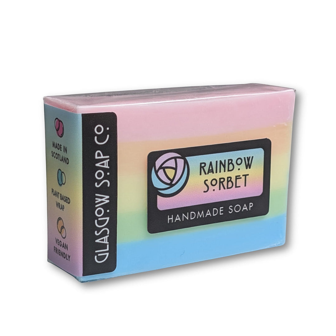 Glasgow Soap Company Ltd Rainbow Sorbet handmade soap bar with pastel rainbow layers and tropical fruit scent. Vegan and plant-based.