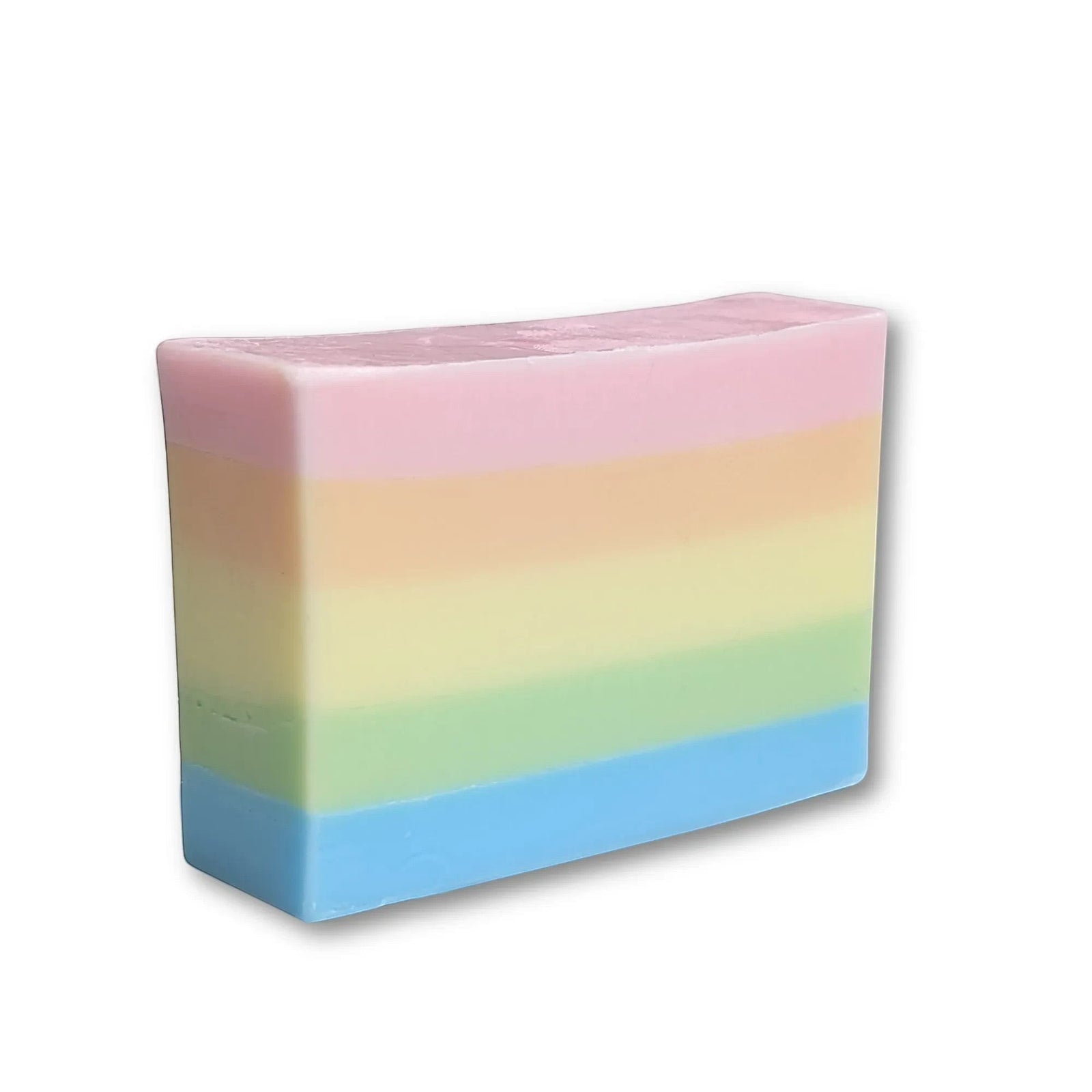 Glasgow Soap Company Ltd Rainbow Sorbet soap bar with pastel rainbow layers of pink, orange, yellow, green, and blue.