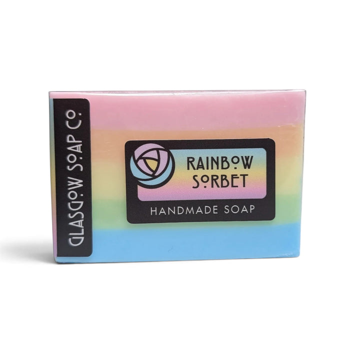 Glasgow Soap Company Ltd Rainbow Sorbet handmade soap bar with pastel layered colours and fruity fragrance