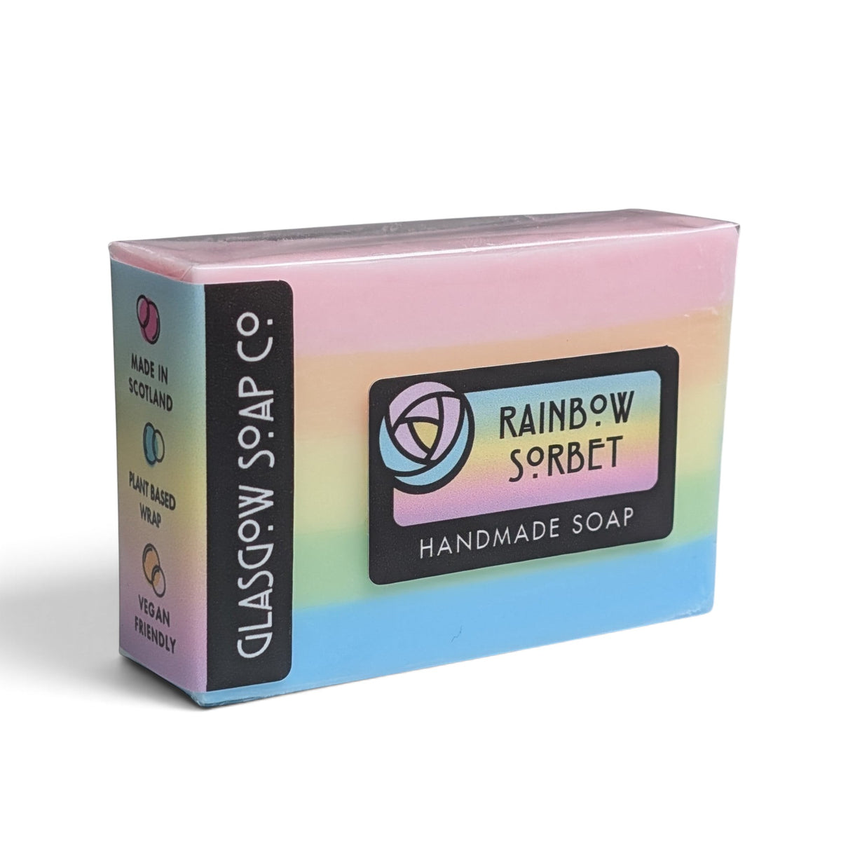 Glasgow Soap Company Ltd Rainbow Sorbet handmade soap bar with pastel rainbow layers in biodegradable packaging