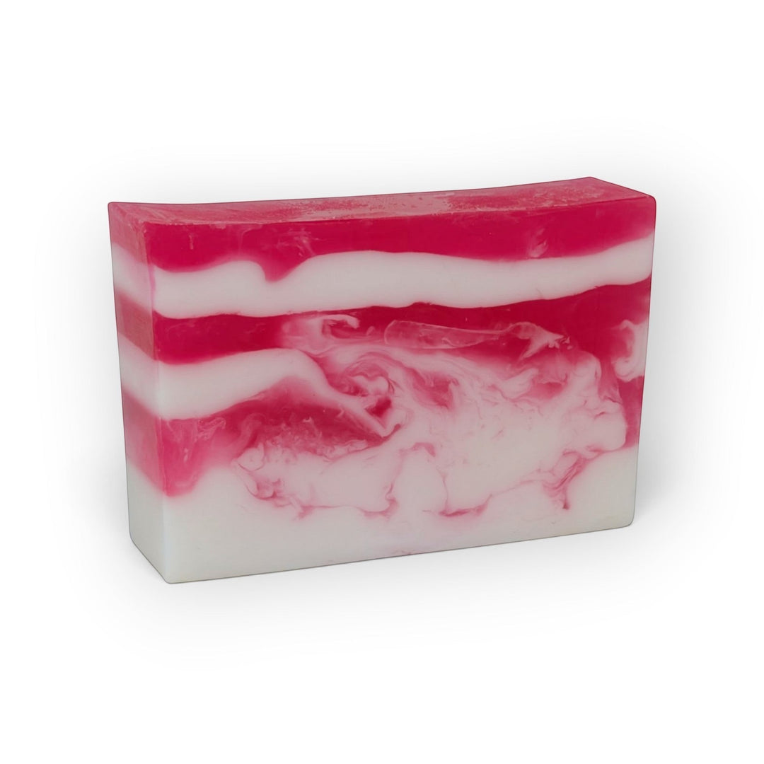 Glasgow Soap Company Ltd Raspberry Ripple soap bar with pink and white swirls in a vegetable glycerine base