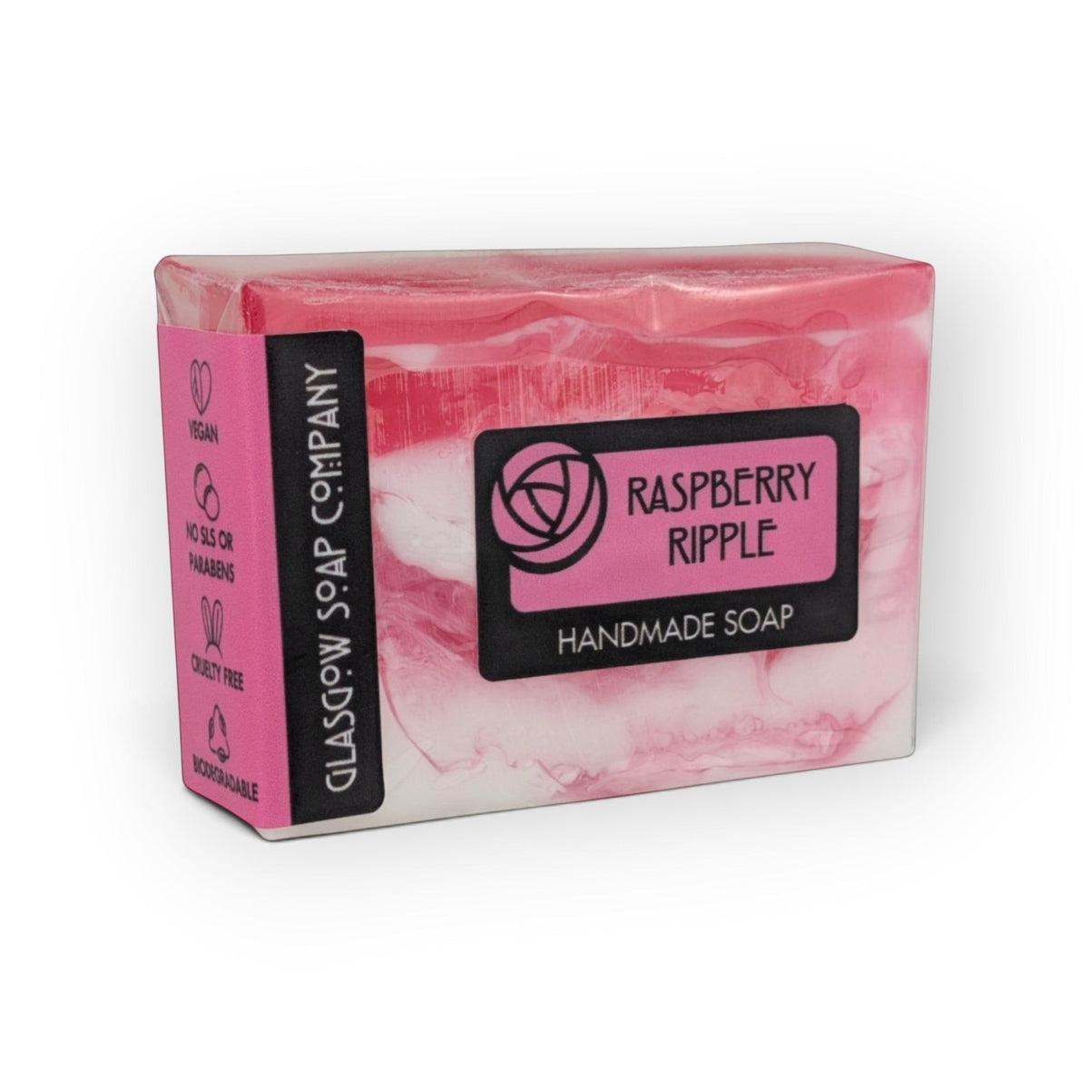 Glasgow Soap Company Ltd Raspberry Ripple handmade soap bar with pink and white swirls in biodegradable packaging.