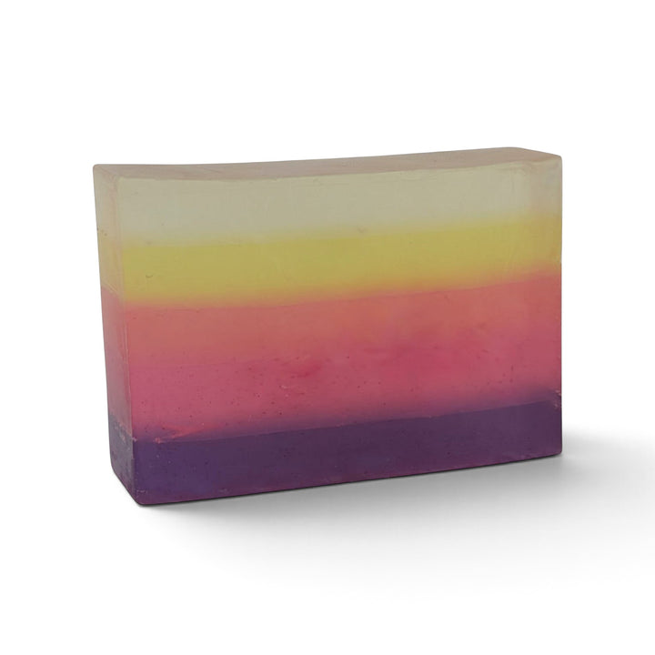Glasgow Soap Company Ltd Rhubarb &amp; Ginger soap bar with colourful layered yellow, pink, and purple vegetable glycerine
