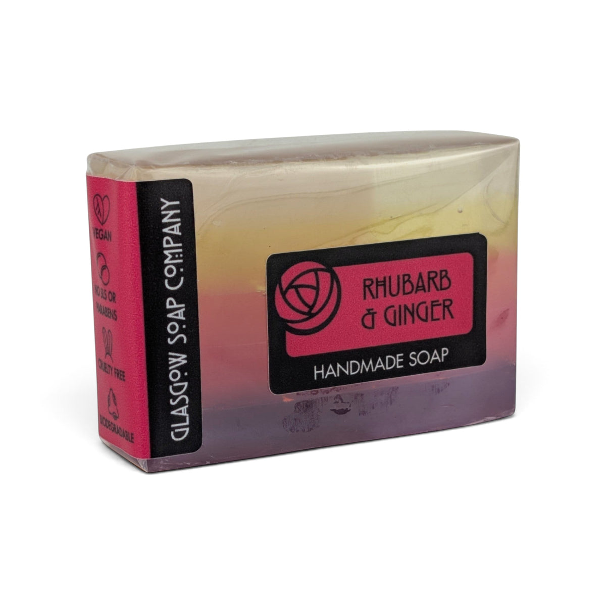 Glasgow Soap Company Ltd Rhubarb & Ginger layered vegetable glycerine soap bar in biodegradable packaging