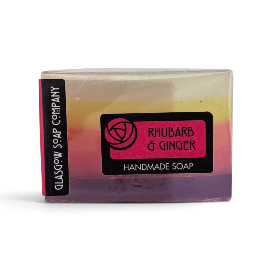 Glasgow Soap Company Ltd Rhubarb &amp; Ginger handmade vegetable glycerine soap bar with colourful layered design