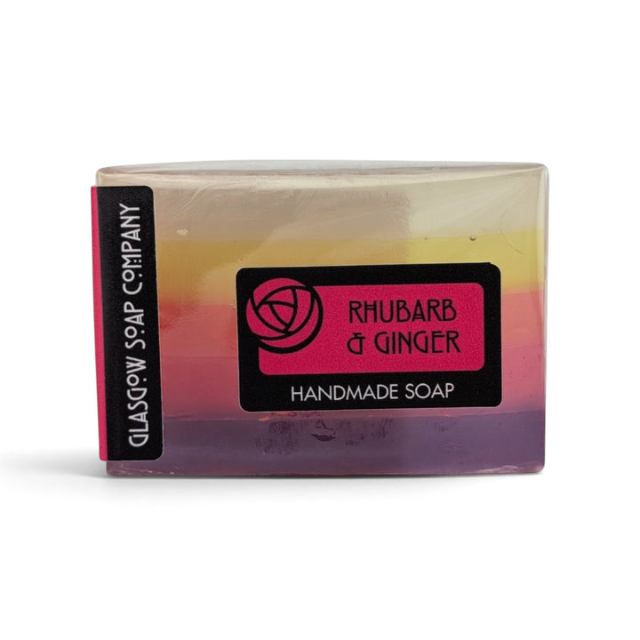 Glasgow Soap Company Ltd Rhubarb &amp; Ginger handmade vegetable glycerine soap bar with colourful layered design