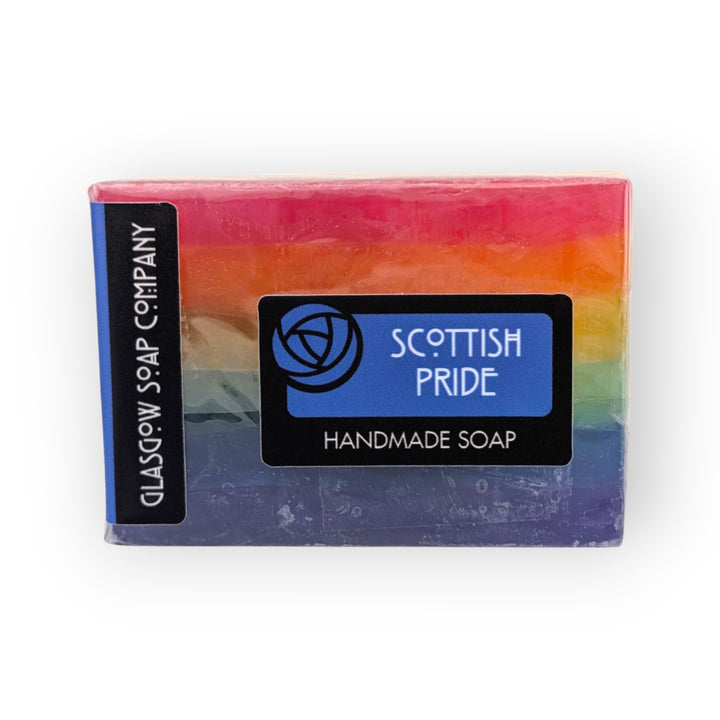 Glasgow Soap Company Ltd Scottish Pride rainbow handmade soap bar with bubblegum aroma, vegan, SLS and paraben free.