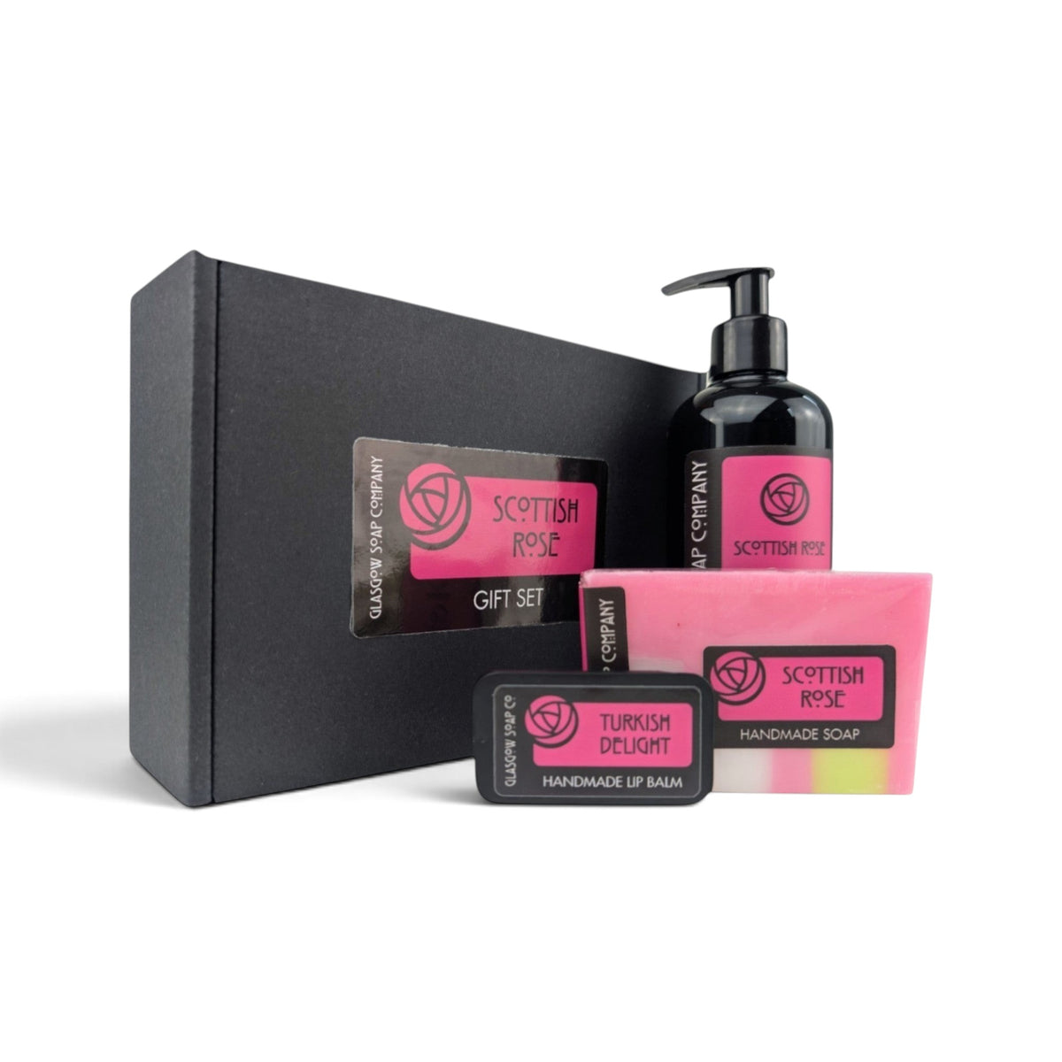 Glasgow Soap Company Ltd Scottish Rose gift set featuring liquid soap, handmade soap bar, and lip balm in a black box