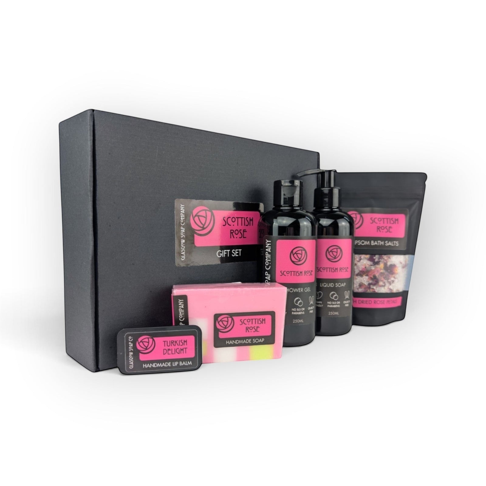 Glasgow Soap Company Ltd Scottish Rose large gift set featuring liquid soap, shower gel, bath salts, soap, and lip balm.