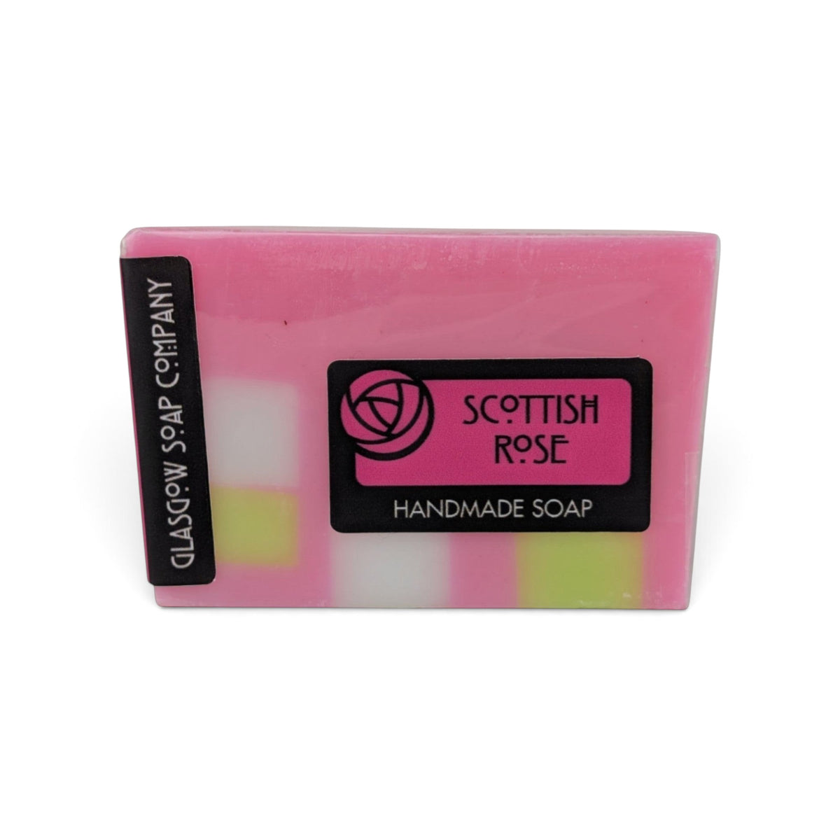 Glasgow Soap Company Ltd Scottish Rose handmade soap bar with pink and white floral design in branded packaging
