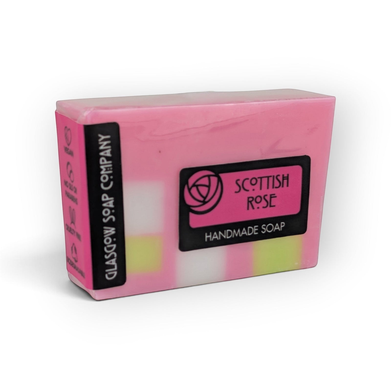 Glasgow Soap Company Ltd Scottish Rose handmade soap bar in pink packaging with botanical rose fragrance branding