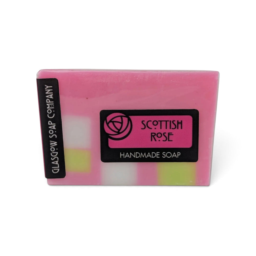 Glasgow Soap Company Ltd Scottish Rose handmade soap bar in pink and green with a floral label in biodegradable wrap.