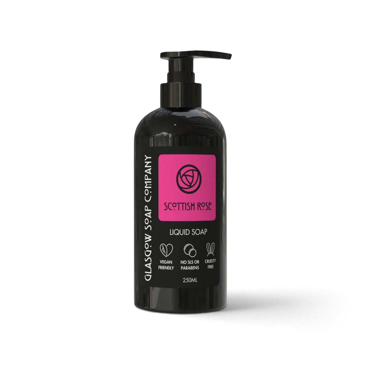 Glasgow Soap Company Ltd Scottish Rose liquid soap in a 250ml black pump bottle with a vibrant pink floral label.