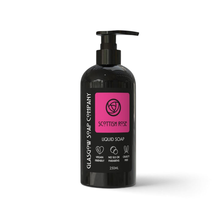 Glasgow Soap Company Ltd Scottish Rose liquid soap in a 250ml black pump bottle with a vibrant pink floral label.