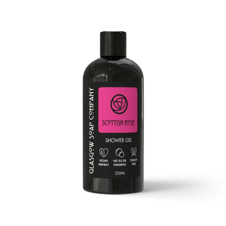 Glasgow Soap Company Ltd Scottish Rose shower gel in a sleek 250ml black bottle with a vibrant pink floral label.