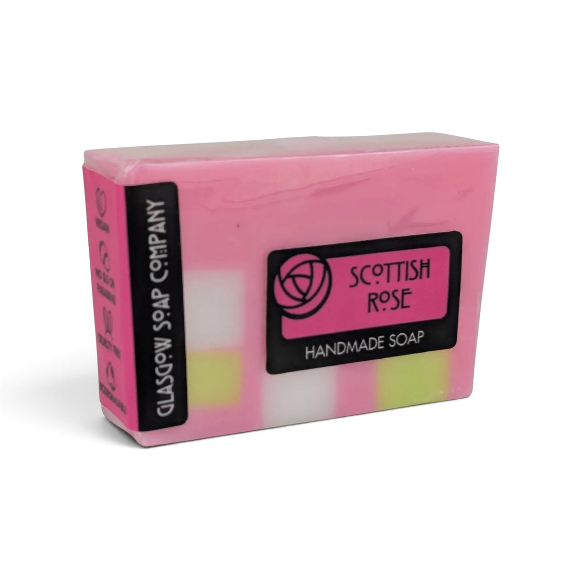 Glasgow Soap Company Ltd Scottish Rose handmade vegetable glycerine soap bar in pink and green biodegradable wrapping