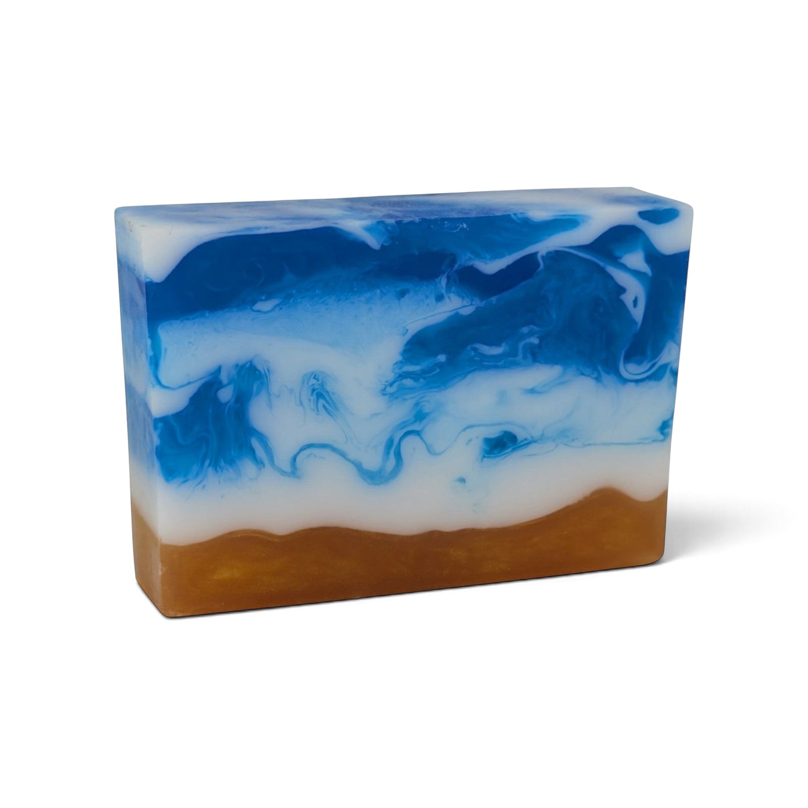 Glasgow Soap Company Ltd Sea Salt & Driftwood soap bar with blue and sand-colored swirls resembling a coastal beach.