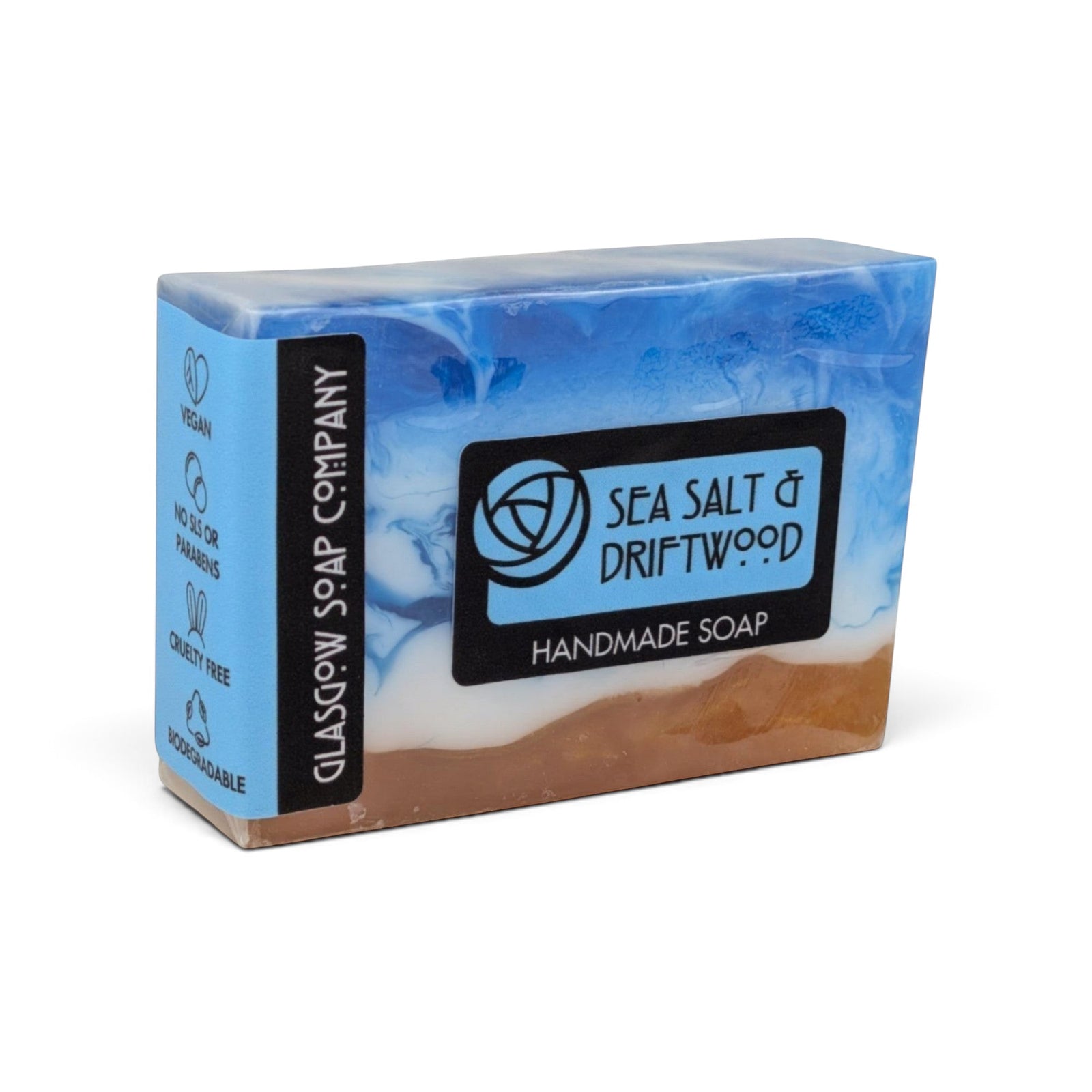 Glasgow Soap Company Ltd Sea Salt & Driftwood soap bar with blue and sand swirls in biodegradable packaging