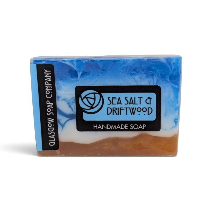 Glasgow Soap Company Ltd Sea Salt &amp; Driftwood soap bar with blue and sandy brown coastal swirls.