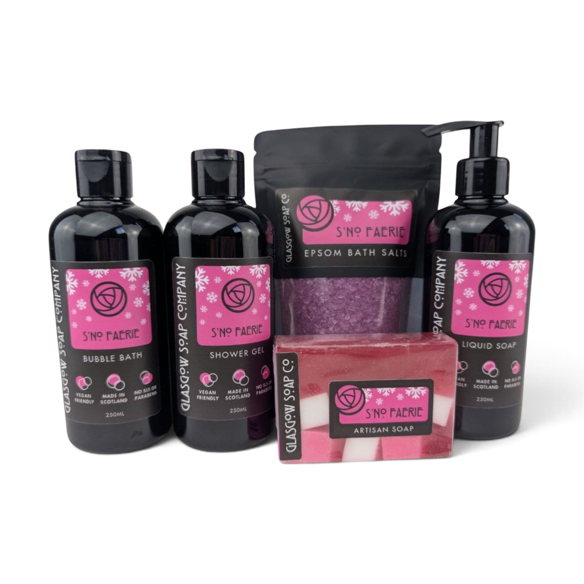 Glasgow Soap Company Ltd S'No Faerie collection featuring bubble bath, shower gel, bath salts, and artisan soap bar.