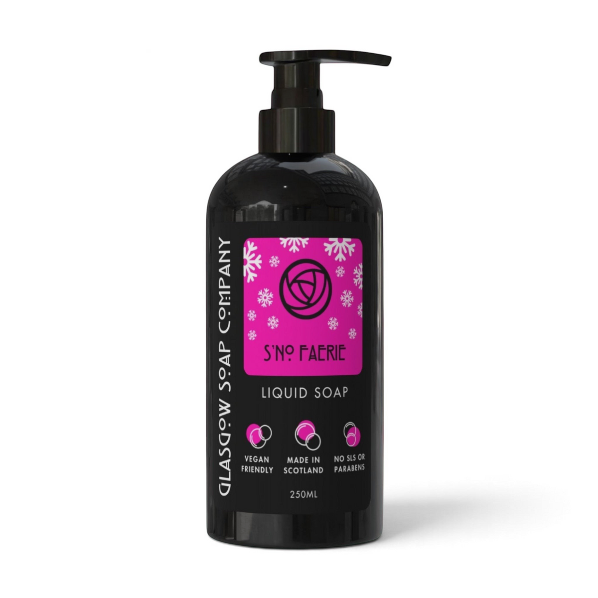 Glasgow Soap Company Ltd S'No Faerie liquid soap in a 250ml black pump bottle with a pink snowflake label