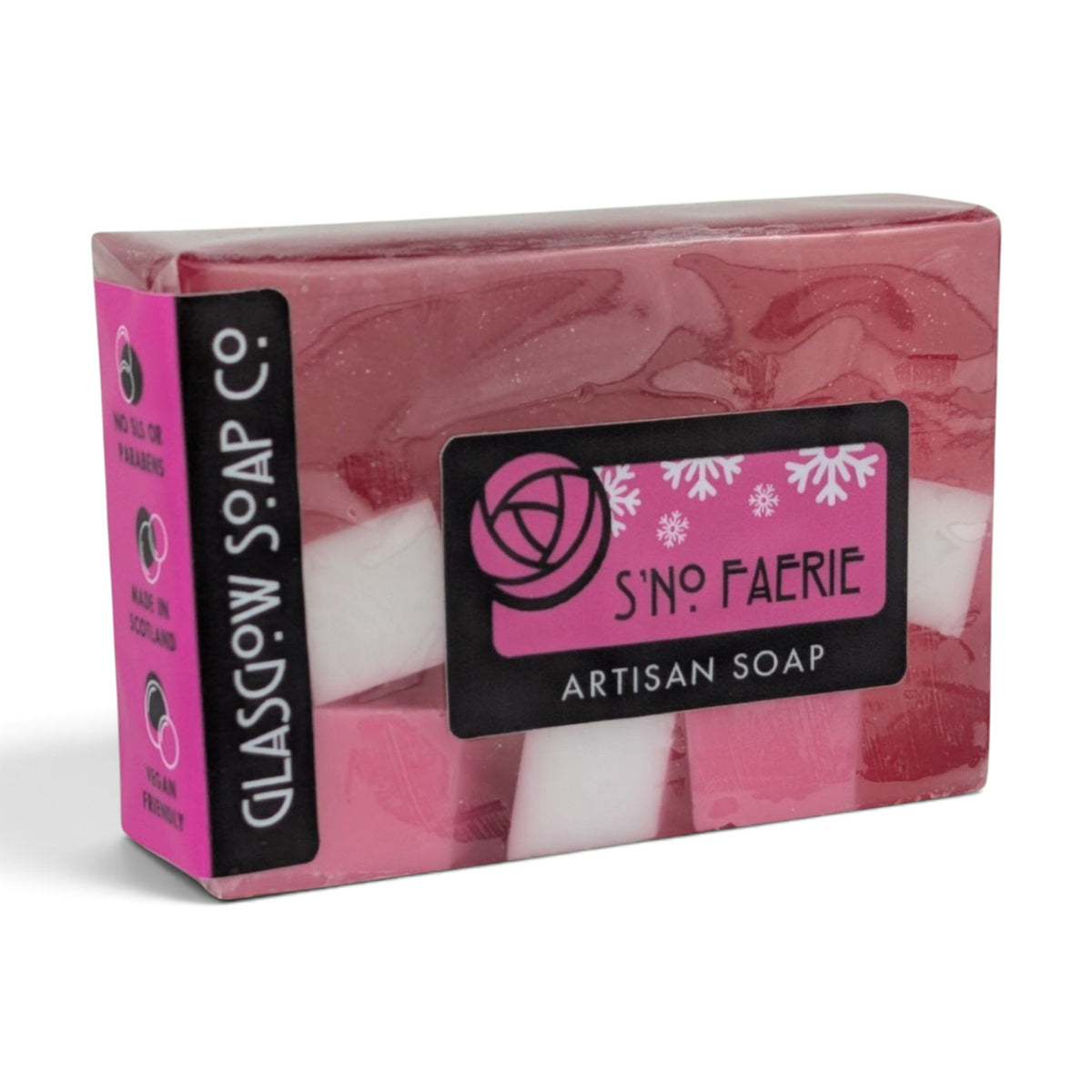Glasgow Soap Company Ltd S'No Faerie artisan soap bar with pink and white swirls, bubblegum and candyfloss scented.