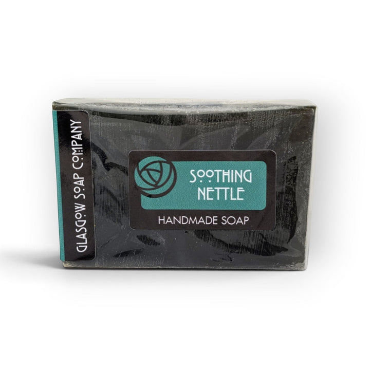 Glasgow Soap Company Ltd Soothing Nettle handmade vegetable glycerine soap bar for sensitive skin in clear wrapping.