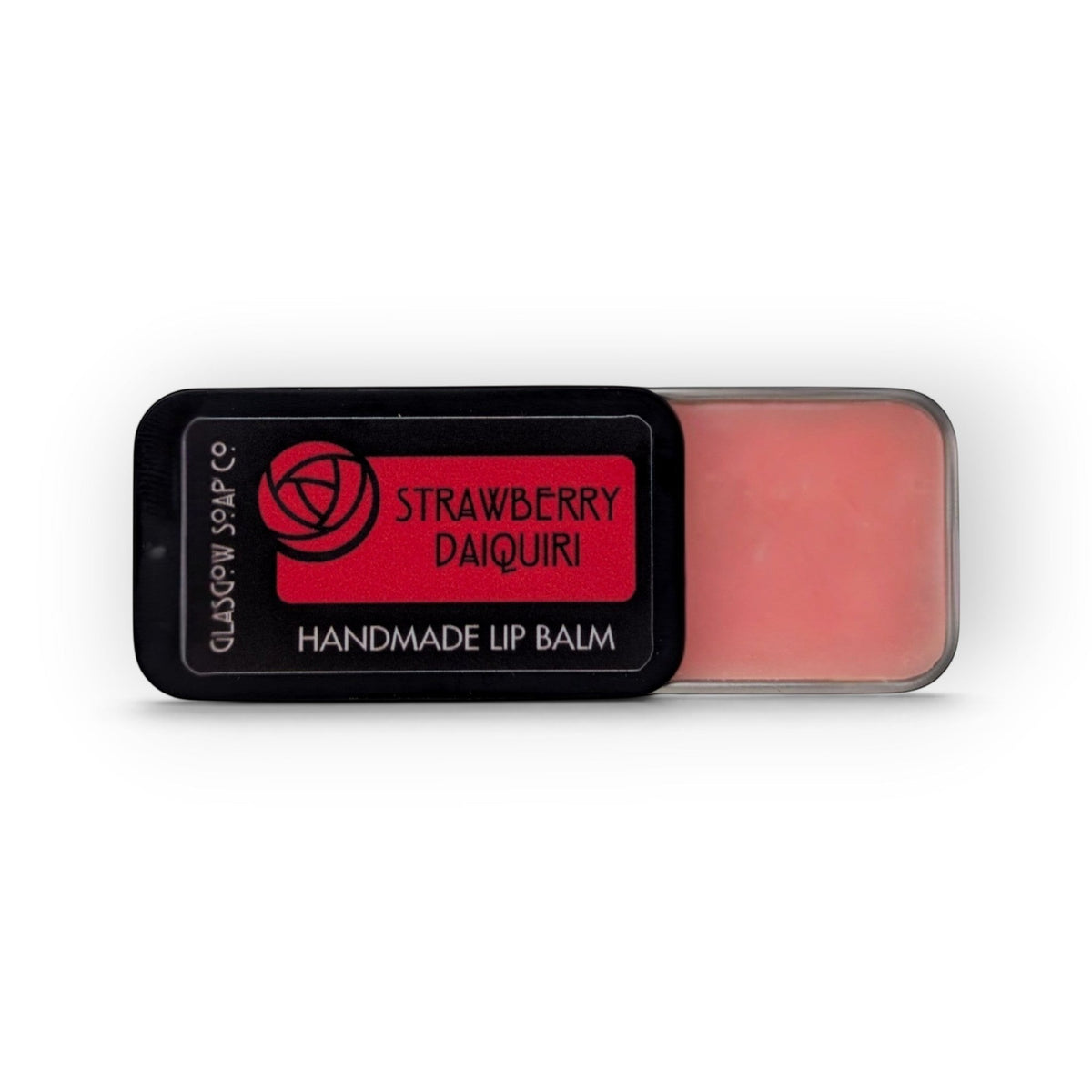 Glasgow Soap Company Ltd Strawberry Daiquiri lip balm in a sliding black tin with pink balm visible.