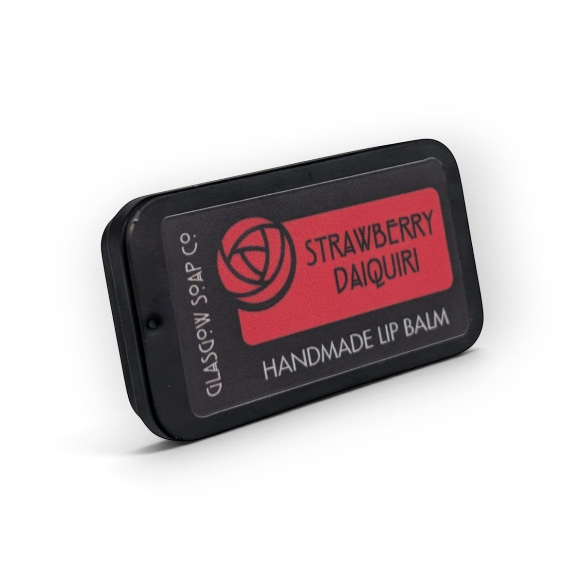 Glasgow Soap Company Ltd Strawberry Daiquiri lip balm in a small black sliding tin with red label