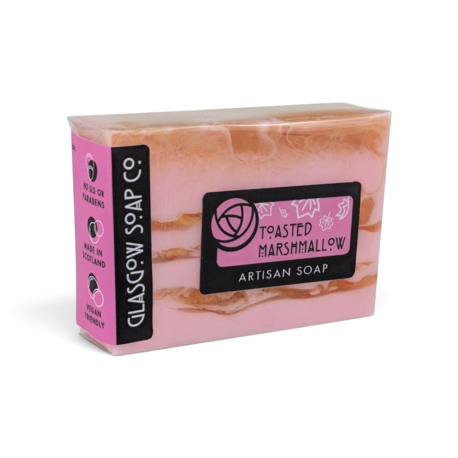Glasgow Soap Company Ltd Toasted Marshmallow artisan soap bar with pink and gold swirls in clear packaging