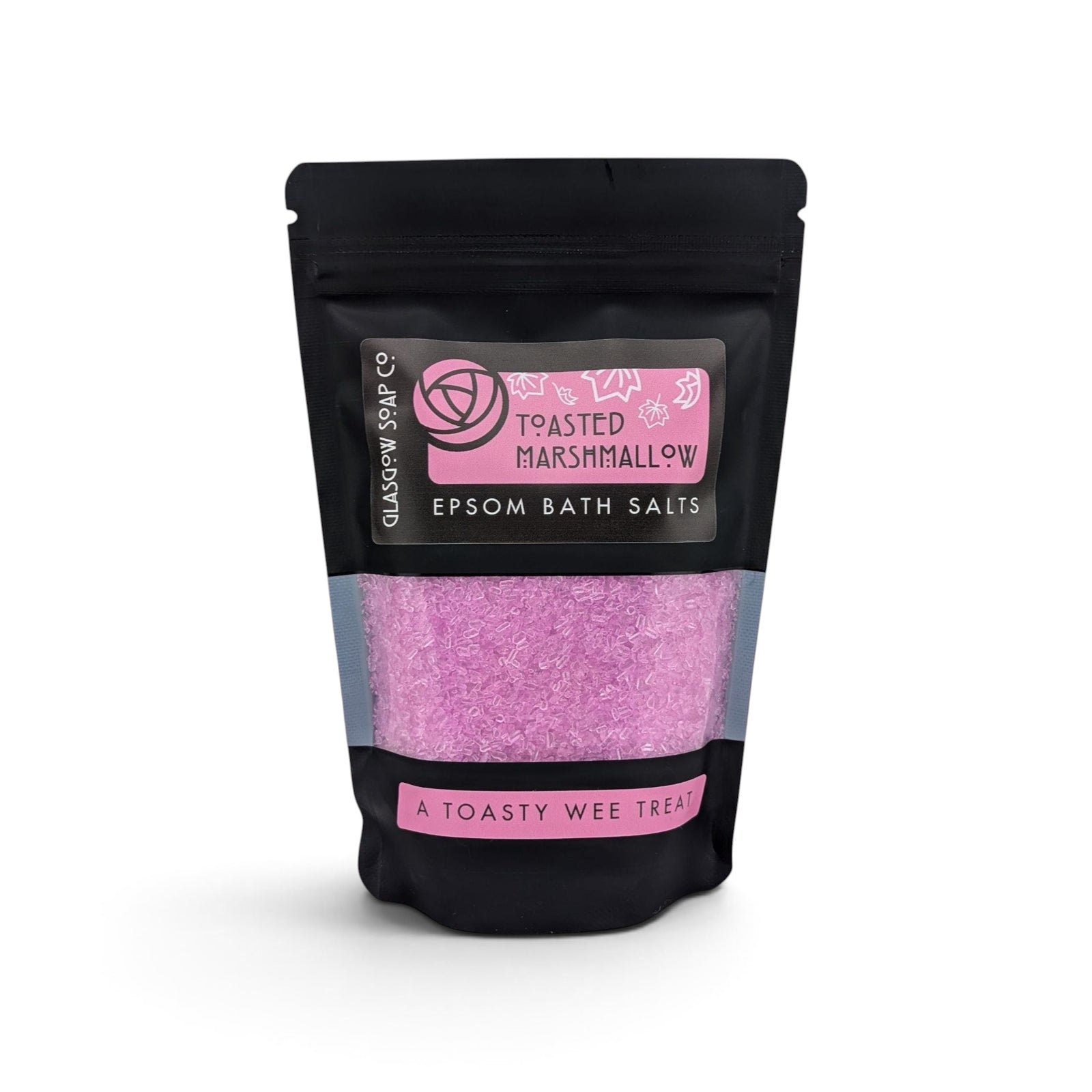 Glasgow Soap Company Ltd Toasted Marshmallow Epsom bath salts in a black recyclable sachet with pink crystals